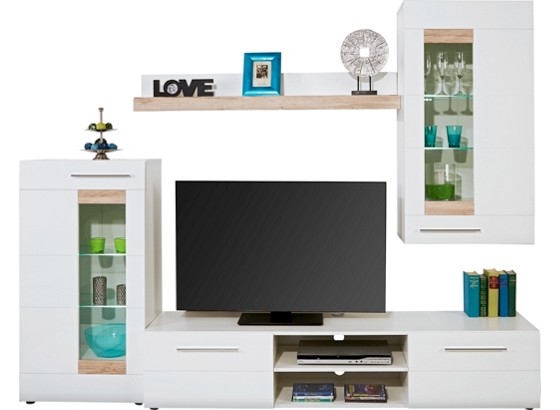 Vitrinkombináció Nex - fehér/nemesacél színű, modern, üveg/fa (240/190/42cm) Vitrinkombináció Nex - fehér/nemesacél színű, modern, üveg/fa (240/190/42cm)